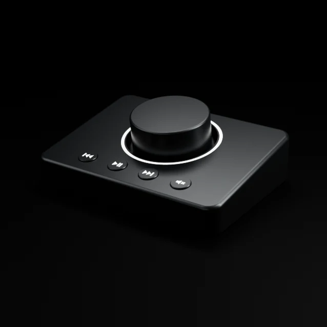 MD-1 media controller with an illuminated dial and four playback buttons
